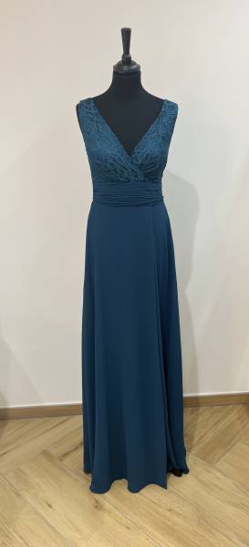 Robe Longue Bleu Canard en Dentelle et Mousseline - Boutique Céline d'Al à Bolbec 76210